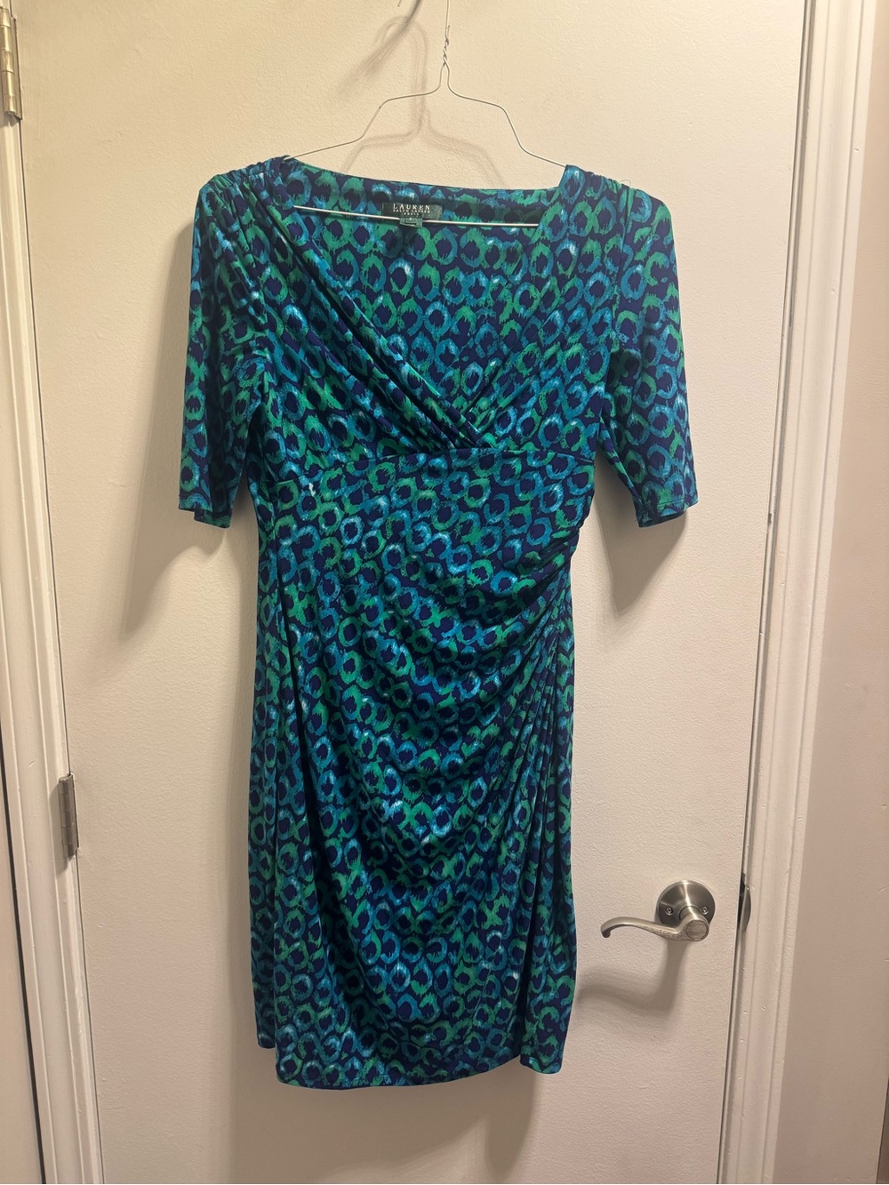 Blue-Green Printed V-Neck Women's Dress